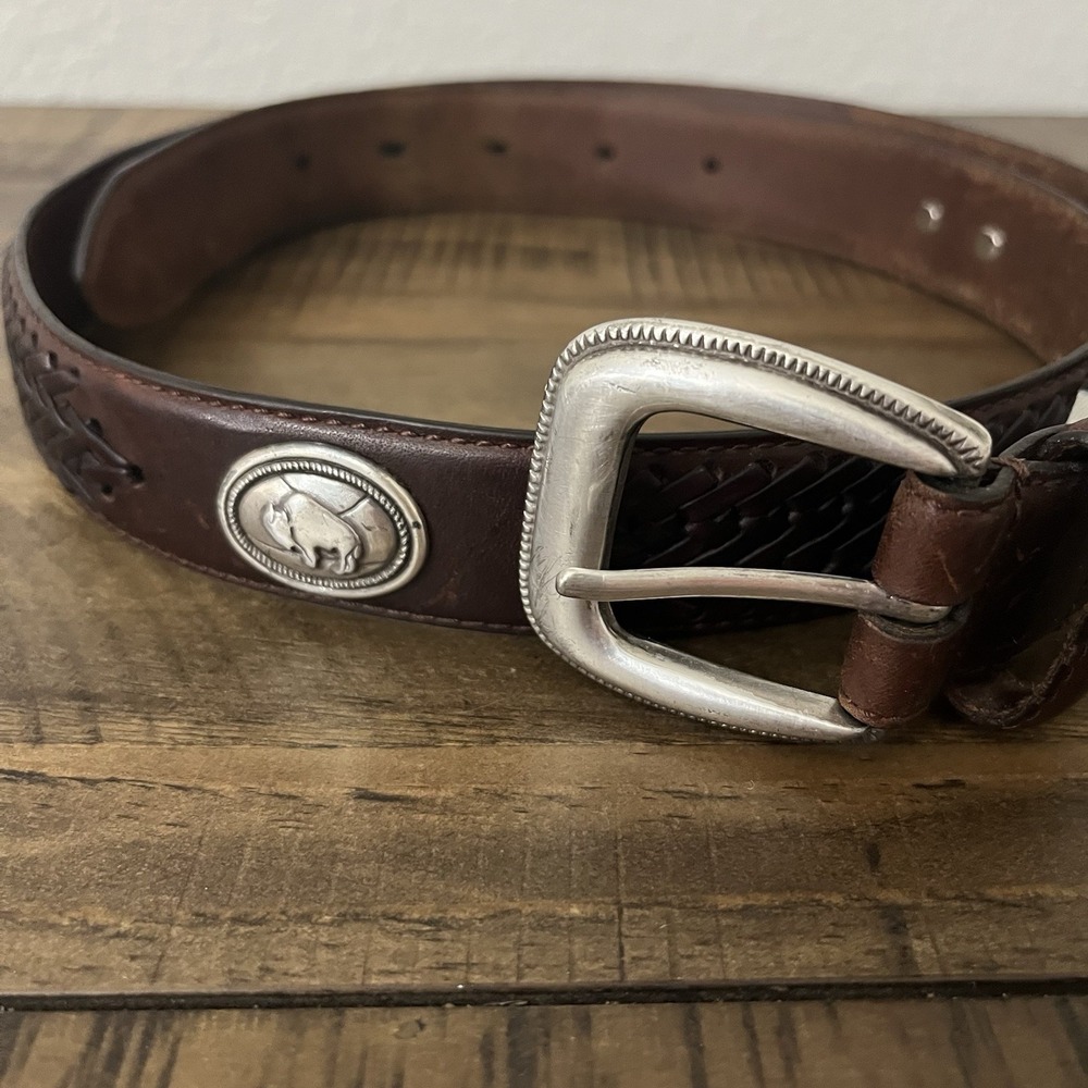 Vtg FOSSIL Brown Leather Belt Silver Buffalo Yellowstone Concho Men's‎ 34